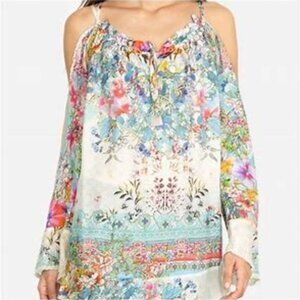 Johnny Was Daria Silk Multi Color Floral Print Cold Shoulder Blouse Top Size M